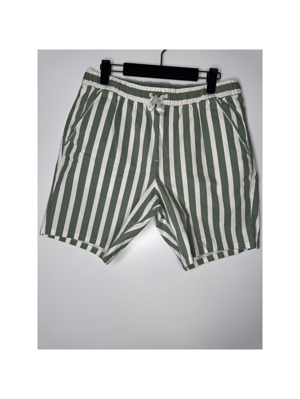 Asos Pull On Shorts Mens 34 Green Striped Drawstring Stretch Elastic Waist 8”